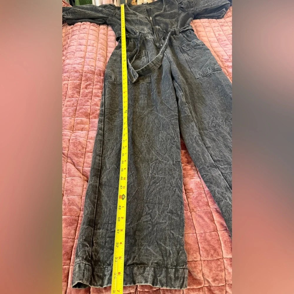 Anthropologie Othilia Acid Wash Puff Sleeve Utility Jumpsuit Charcoal Gray M - Picture 12 of 16